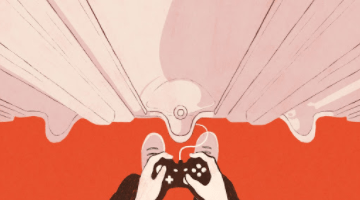 man holding game controller next to urinal