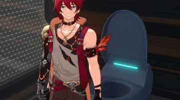 screenshot of anime game character standing in front of toilet